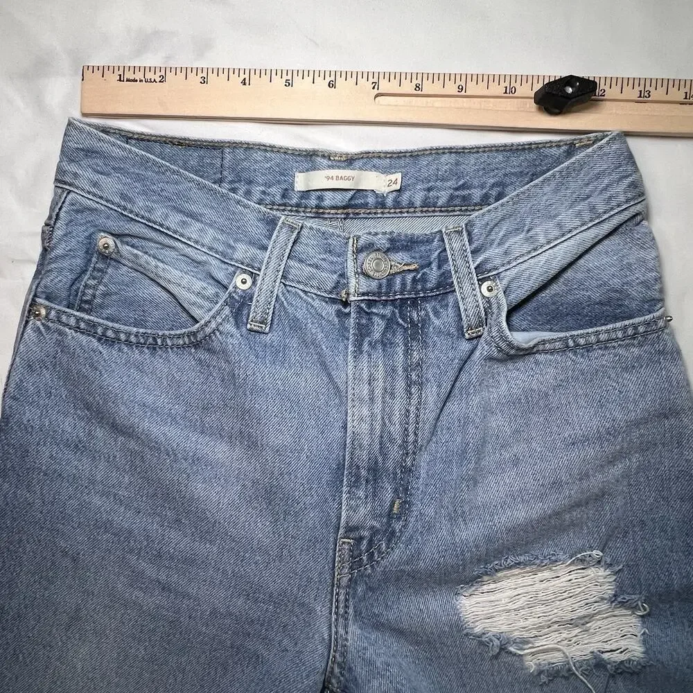 Levi’s 94 Baggy Jeans Womens Size 24 Blue Medium Wash Distressed Denim Wide Leg